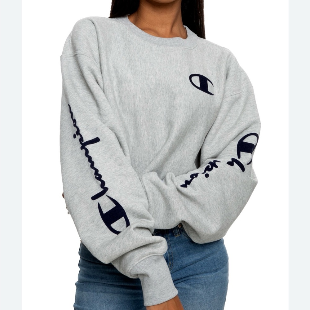 Champion Reverse Weave Women's Heather Gray Cropped Spellout Sweatshirt Size XL